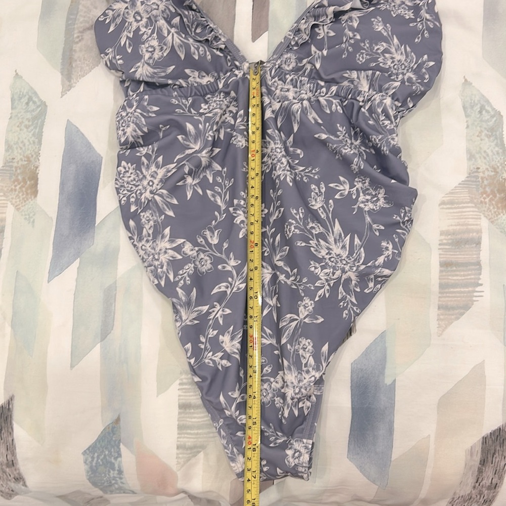 Blue and white floral maternity one piece bathing suit with ruffles - Picture 9 of 10